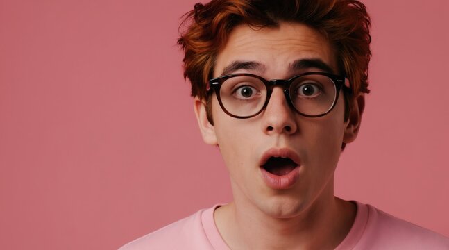 Young man with glasses shows surprise. Open mouth and wide eyes express shock or amazement. He has reddish brown hair, wears pink shirt. Solid pink background.