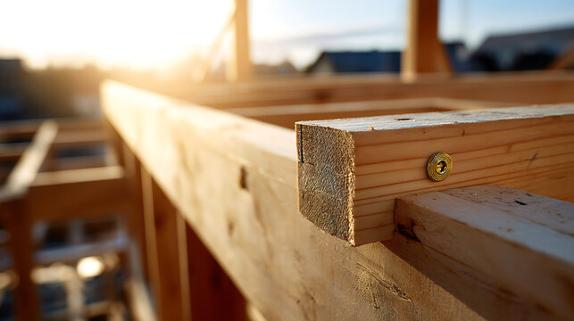Sunlight on Wooden Framing at Construction Site, New Home Build Progress, Future Development, Residential Building Project