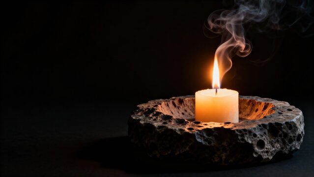 Burning candle in a rough stone holder with smoke rising against a dark background, premium commercial stock image with modern composition natural lighting and versatile creative visual for bra siyam