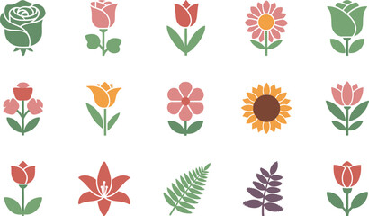Colorful flower and fern leaf icon collection with roses tulips sunflower and lilies for botanical design projects © MDNUR