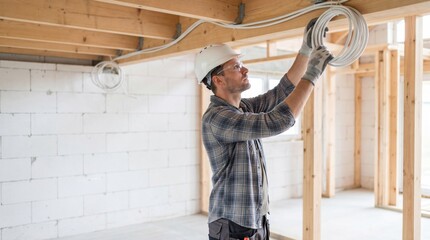 Fototapeta premium Construction worker installing electrical cables in unfinished home interior with timber beams for renovation website header.