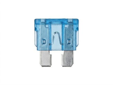 Blue automotive fuse with metal contacts on a white background electronics