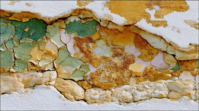 Peeling plaster wall with rust and cracked paint