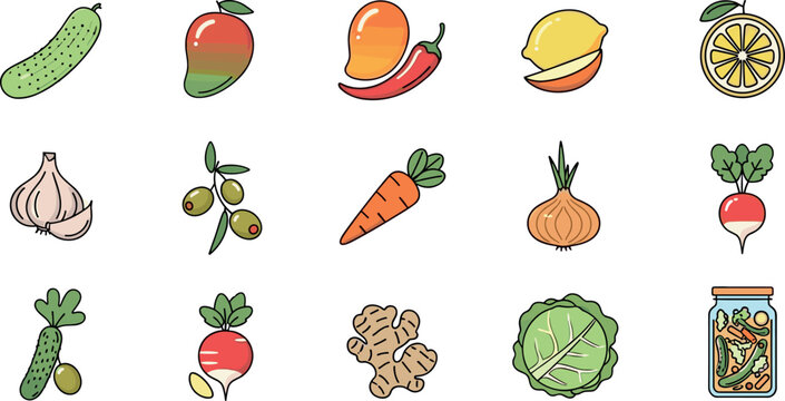Colorful fruit and vegetable icon collection with cucumber mango garlic carrot radish cabbage and pickle jar for food design