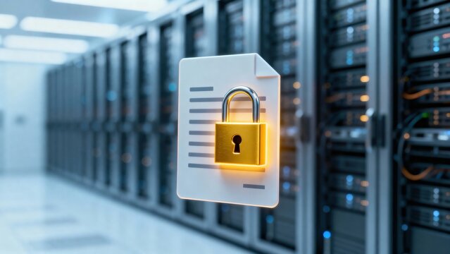 Secure cloud document with padlock in data center server room, premium commercial stock image with modern composition natural lighting and versatile creative visual for branding advertising soc siyam