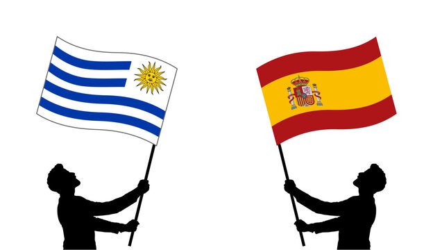 Vector illustration of silhouetted figures holding Uruguay and Spain flags facing each other, isolated on white background
