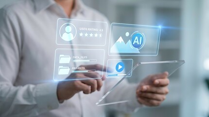 Fototapeta premium Person interacting with futuristic holographic interface displaying AI analytics and user profiles, artificial intelligence
