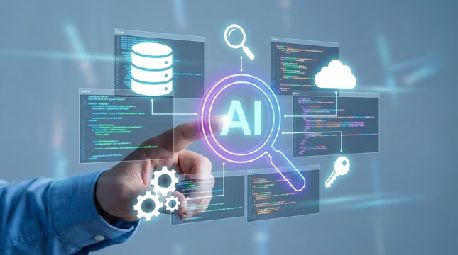 Programmer hand touch digital hologram AI Coding generation data automation development programming software technology optimization system cloud database network connection interface