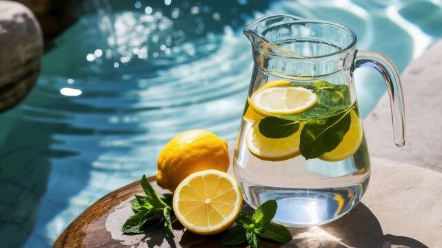 Glass pitcher of lemon water with mint leaves on a wooden table beside a pool with fresh lemons.