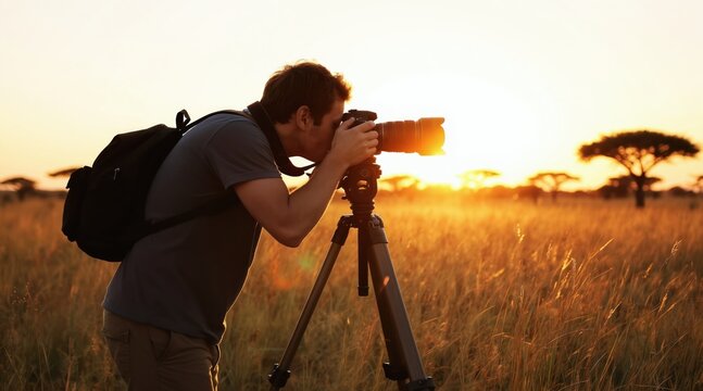 Man with camera on tripod shoots savanna landscape at sunset. Photographer wears backpack, aiming telephoto lens at distant wildlife scenery. Golden hour light bathes dry grass fields with acacia