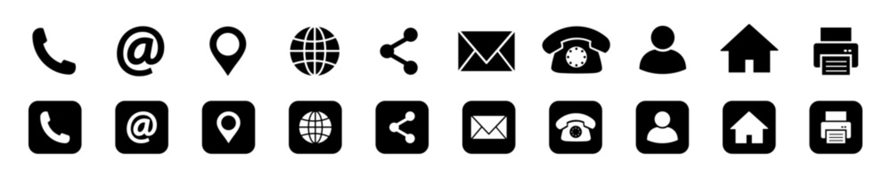 Modern communication and interface icon set with phone, email, location, globe, share, user, home, and printer symbols in outline and solid square button styles.