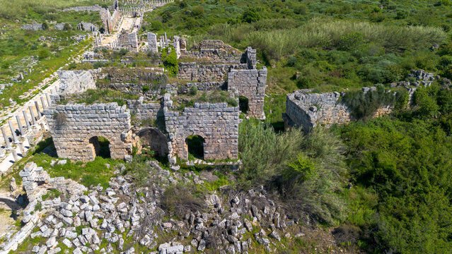 Aerial drone view of the ancient city of Perge. Antalya - Turkey