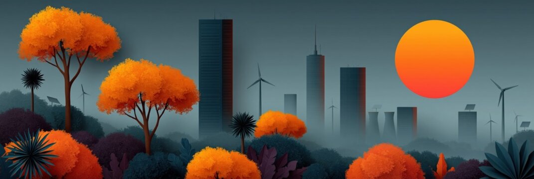 City skyline with orange trees and wind turbines at dusk