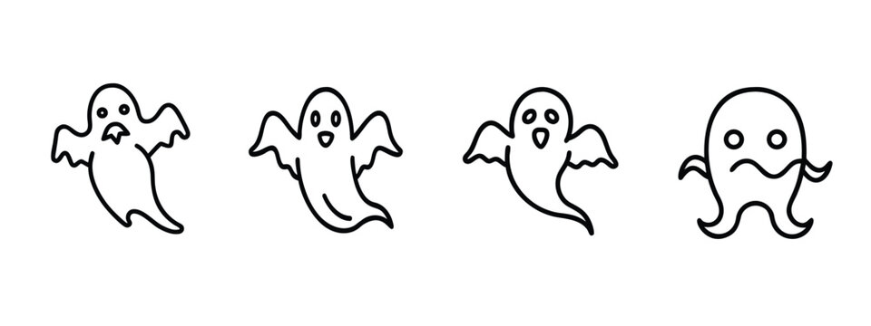 Halloween ghost spirit web line icons set spooky flying phantom scary floating soul creepy halloween spectre funny cartoon ghost & more vector illustration with editable stroke.