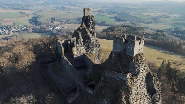 Aerial View of Trosky Castle Medieval Ruins on Basalt Rock Towers in Bohemian Paradise Czech Republic