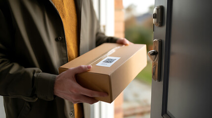 Naklejka premium A close-up view of hands hold a cardboard package with a label and QR code, delivered to an open door in a residential setting, parcel delivery