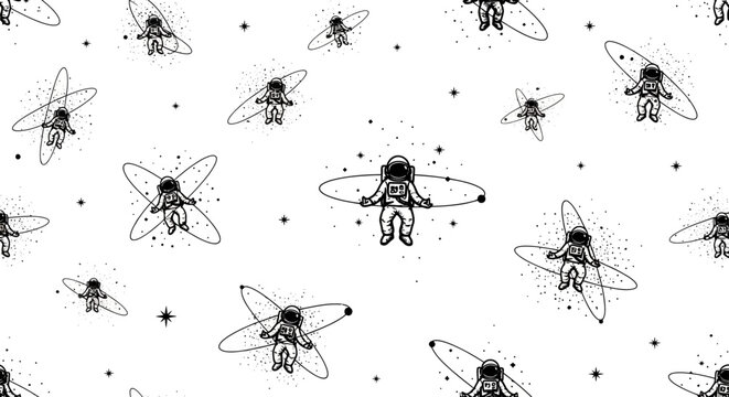 astronaut seamless pattern featuring floating spacemen orbital rings and stars in a cosmic universe ideal for design.