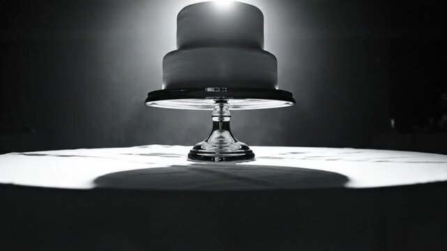 Dramatic black and white close up of a two-tiered wedding cake on a pedestal table bathed in spotlight