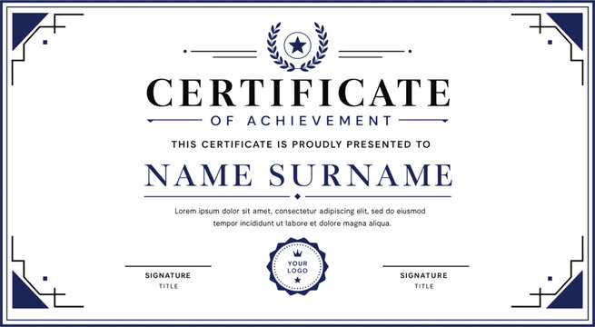 Professional certificate of achievement vector template with navy blue borders and elegant laurel wreath for school or business recognition