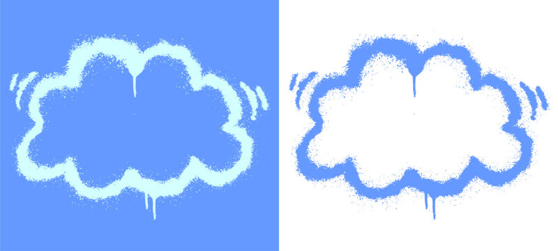 Double cloud doodle with liquid drips in blue spray paint graffiti style. Creative urban street art environment element for modern streetwear design.
