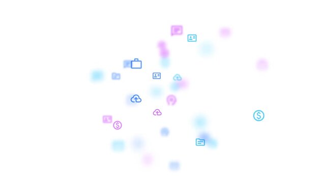 Dynamic animation with scattered business icons in bokeh style, seamless looping