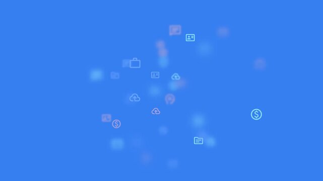 Dynamic animation with scattered business icons in bokeh style, seamless looping