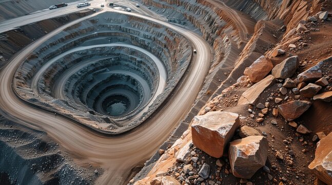 Aerial view of open pit mine with winding road. Industrial extraction of mineral resources from earth. Large scale excavation project in canyon. Natural environment and mining site.