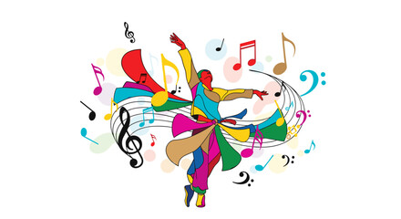 Obraz premium Vibrant illustration of a whirling dervish dancer, clad in colorful garments, gracefully moving amidst floating musical notes and swirling musical staff lines, creating a dynamic