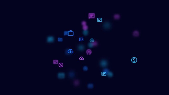 Dynamic animation with scattered business icons in bokeh style, seamless looping