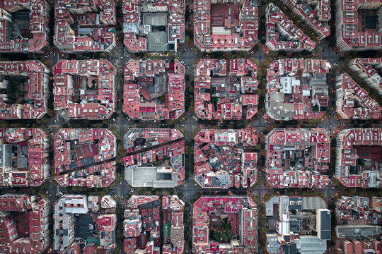 Aerial top-down view of Barcelona city blocks with geometric street grid pattern