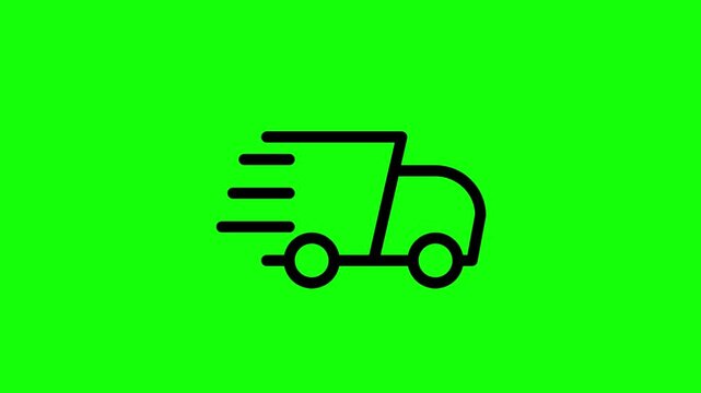 Delivery truck icon with motion lines and checkmark, green screen, logistics concept