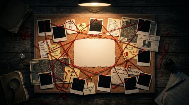 Detective corkboard with a large blank parchment paper for copy space, red string linking polaroid photos, notes, and newspaper articles on a crime scene board