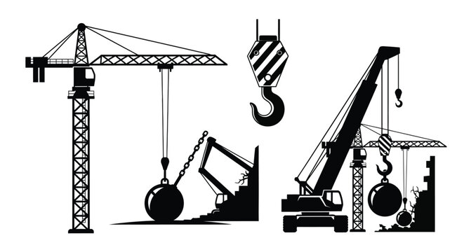 Construction cranes and demolition ball silhouettes on white background high quality