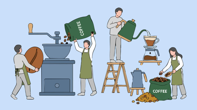 Illustration of coffee making process with people, beans, and equipment