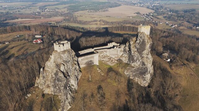 Aerial View of Trosky Castle Medieval Ruins on Basalt Rock Towers in Bohemian Paradise Czech Republic