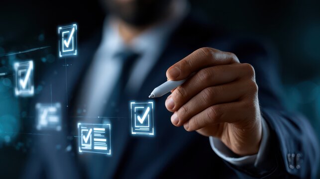 business hand using stylus with 4 holographic checklist icons