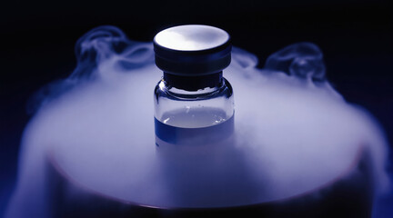 Obraz premium Glass vial with blue label sits in dense fog from dry ice. Liquid inside vial appears clear and stable. Cryogenic preservation and medical research concept.