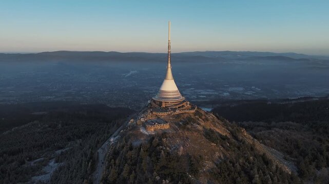 Aerial View of Jested Tower and Hotel on Mountain Summit in Liberec Czech Republic Landscape