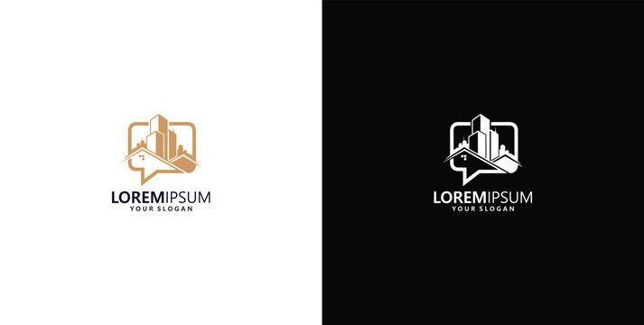 Modern minimalist line art logo showcasing a building with a speech bubble, symbolizing real estate communication, property management, 