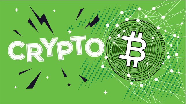 Illustration of the word Crypto and the Bitcoin symbol with a network of connections, set against a vibrant green background with abstract elements.