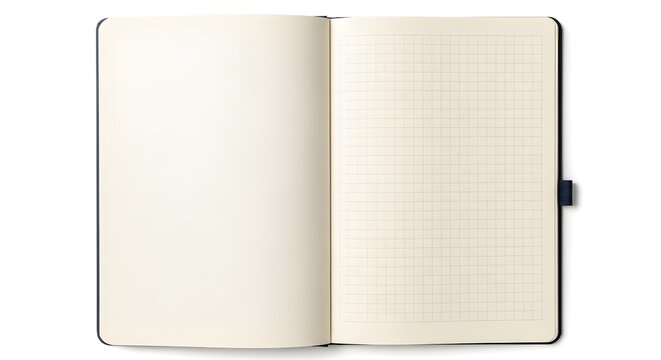 Open notebook with blank page and grid pattern page on white background