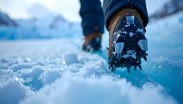 Hiking boots with crampons walking on blue glacial ice