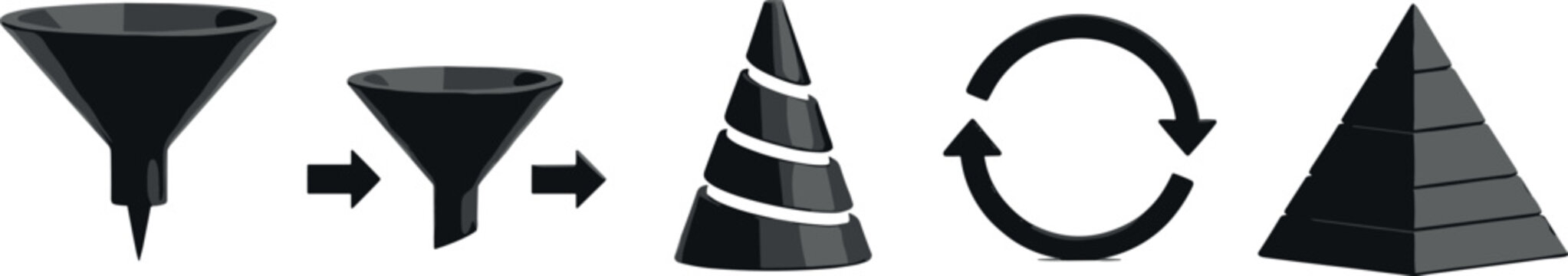 Conversion funnel and business process icons with funnel stages cycle arrows and pyramid structure symbols solid vector illustration