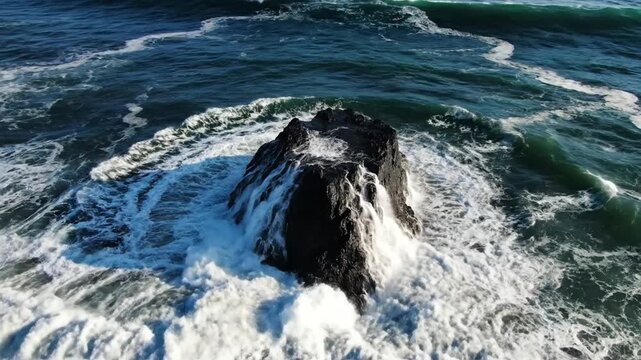 Massive white wave crashing over dark sea rock formation