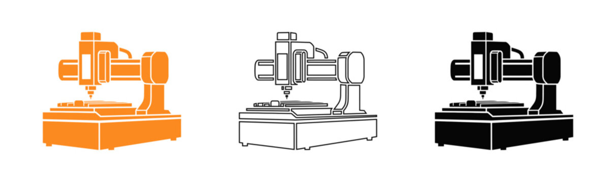 Cnc milling machine icons orange line art and solid black versions