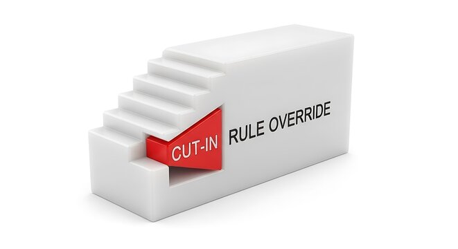 A white block with stairs and a red triangular piece featuring the text cut-in rule override representing business strategy and change