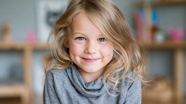 Smiling blonde girl in gray cowl neck top indoors