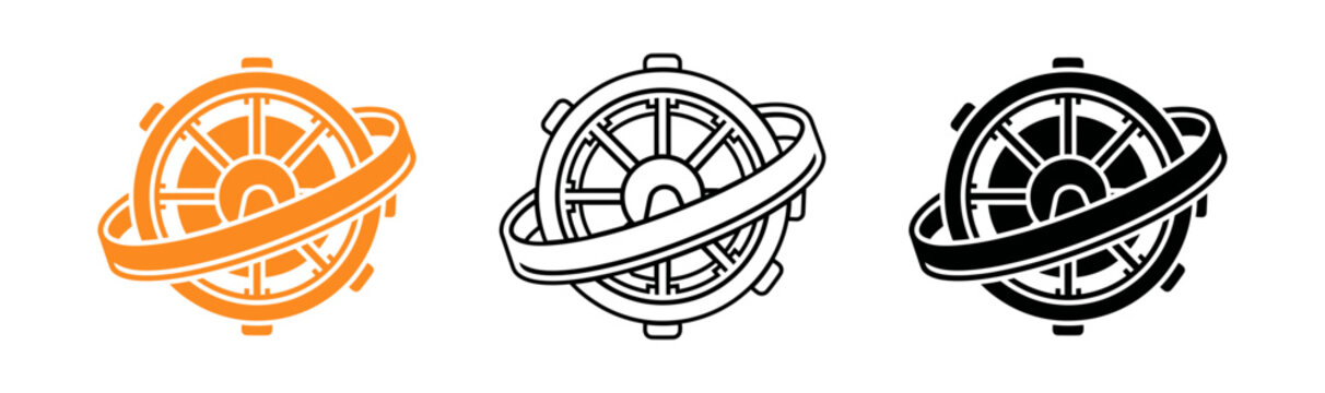Armillary sphere icon set gold outline and solid black versions