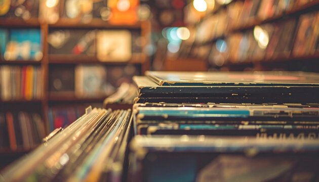 Vintage vinyl record collection in a cozy music shop interior