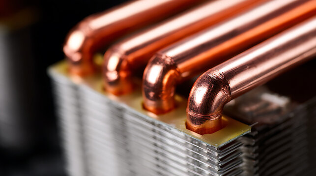 Industrial Precision: Close-up of Copper Heat Pipes and Aluminum Fins for Modern Electronic Cooling and Thermal Management Systems in Macro Detail